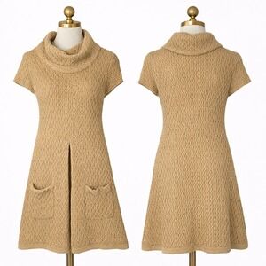 BCBG Girls Vintage Beige Alpaca Knit Cowl Neck Sweater Dress With Pockets Medium